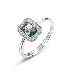 Bague en agate mousse carrée avec monture halo en argent S925 et anneau ouvert réglable