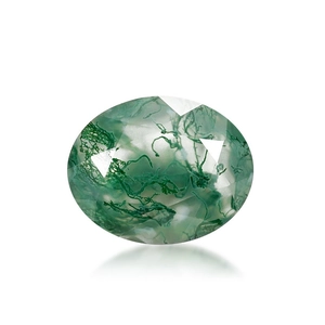 Oval cut natural moss agate gemstone with green inclusions on a white reflective base