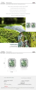 Détails macro des boucles d'oreilles halo en argent S925 avec agate mousse rectangulaire