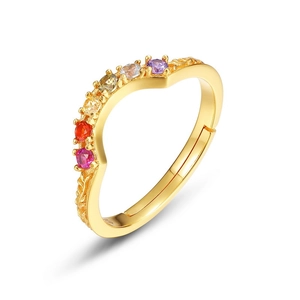 Rainbow gemstone wave ring in gold finish with S925 silver and adjustable open band