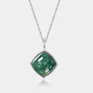 Collier Pendentif en Argent Sterling 925 Agate Mousse Naturelle Coupe Coussin Pierre Verte Bordure Perlée Bijoux Cadeau Femmes