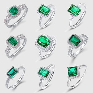 Bague en Argent Sterling 925 Vintage avec Émeraude de Laboratoire pour Femme Taille Émeraude Gemme Verte Halo Strass Bague Réglable