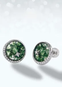 Detail of round moss agate stud earrings with halo cubic zirconia and star motif