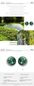 Macro view of S925 silver stud earrings featuring green moss agate and star accents