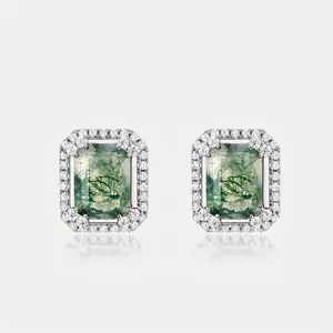 Boucles d'Oreilles Clous Minimalistes Argent Sterling 925 Agate Mousse Coupe Rectangulaire Agate Verte Halo de Strass Bijoux Femme