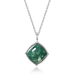 Collier en argent S925 avec pendentif en agate mousse naturelle de taille sugarloaf