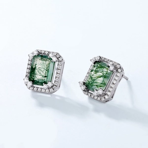 Boucles d'oreilles en argent S925 avec agate mousse verte et halo de diamants