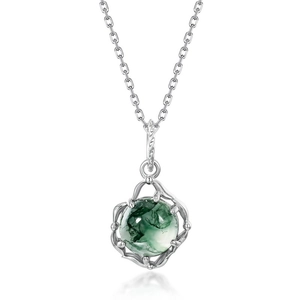 Natural green moss agate pendant necklace in S925 sterling silver branch setting