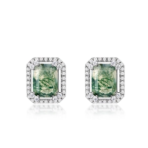 Élégantes boucles d'oreilles en agate mousse rectangulaire et halo de diamants
