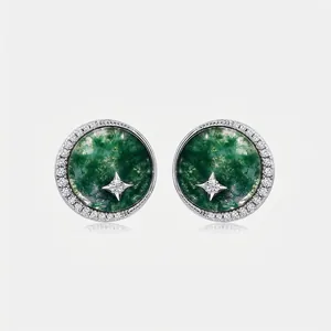 Natural Moss Agate Stud Earrings 925 Sterling Silver Earring Post Rhinestone Pave Star Round Geometric Earrings For Women