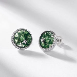 Natural moss agate stud earrings in S925 sterling silver with sparkling star detail