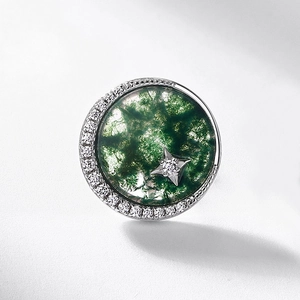 Natural moss agate stud earring in S925 silver with sparkling crystals and star detail