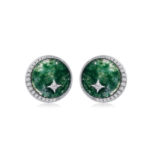 S925 silver moss agate stud earrings with halo diamonds and sparkling star center