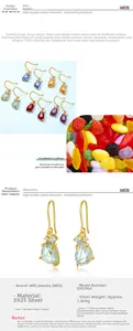 Detail of S925 silver candy crystal earrings with 10K gold plating and specifications