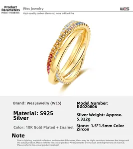 Macro view of S925 silver ring with 10K gold plating and rainbow zircon stones