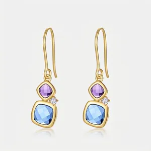 S925 Sterling Silver Post Square Synthetic Crystal Hook Earrings Colorful Zirconia Inlaid Luxury Jewelry Gift For Women