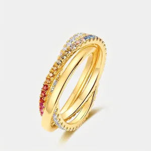 925 Sterling Silver Rainbow Zirconia Triple Interlocked Ring Women Gold Plated Multi Layer Geometric Finger Jewelry Gift