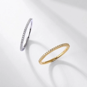 Minimalist stackable pave moissanite rings in silver and gold plating for women