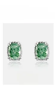 Detailed view of square green moss agate stud earrings with silver rope twist borders