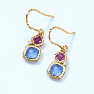 Elegant gold drop earrings featuring square purple and blue crystals with zircon accents