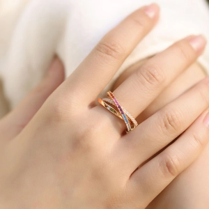 Chic S925 silver triple layer interlaced ring featuring vibrant rainbow zircon stones