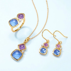 S925 sterling silver gold plated jewelry set with blue and purple square zircons