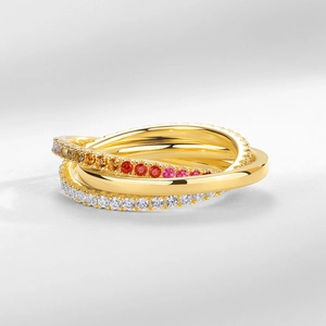 Three-layer interlocking S925 silver ring with colorful rainbow zircon and 18K gold plating