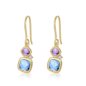 Gold earrings with square purple and blue crystals in a tiered drop hook design