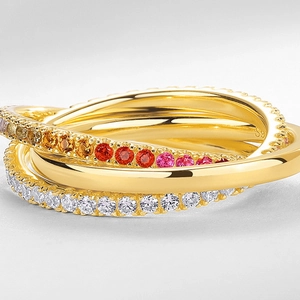 S925 silver interlocking triple ring with gradient rainbow zircon and gold plating