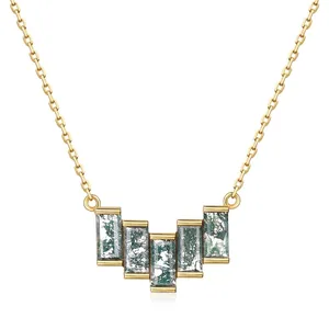 Elegante 925 Sterlingsilber Grüne Moosachat Anhänger Halskette Gold Überzogene V-Förmige Rechteckige Stein Choker Damen Schmuck