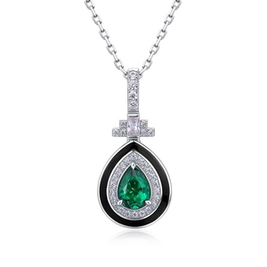 Elegante Halskette mit S925 Silberanhänger, smaragdgrünem Tropfenschliff und schwarzer Emaille