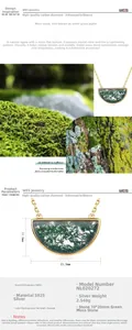 Macro detail of semi-circle green moss agate pendant in S925 silver with 10K gold plating