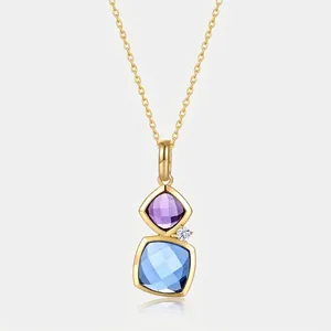 S925 Sterling Silver Geometric Two Tone Gemstone Necklace For Women Luxury Square Colorful Gemstone Clavicle Chain Fine Jewelry