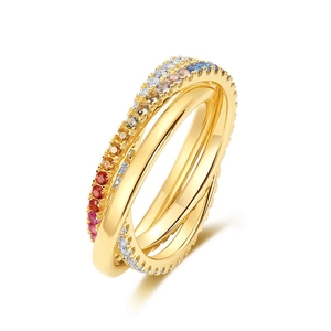 Three-layer crisscross gold ring with colorful rainbow cubic zirconia stones
