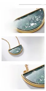 Detailed view of semi-circular green moss agate pendant with S925 silver gold plating