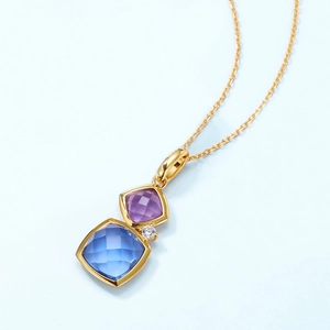 S925 silver necklace featuring geometric purple and blue gemstone pendant in gold finish