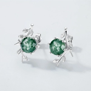 Elegant S925 silver olive branch stud earrings with round green moss agate gemstones