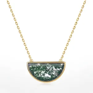 925 Sterling Silver Moss Agate Pendant Necklace For Women 10K Gold Plated Semi-Circle Natural Stone Vintage Minimalist Jewelry