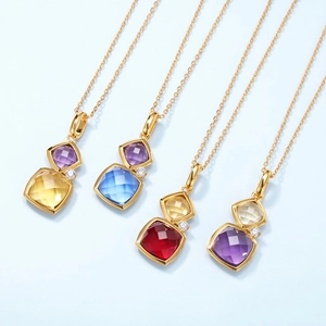 S925 silver necklace with square checkerboard cut multi-color gemstones pendants