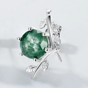 S925 sterling silver olive branch stud earrings with round green moss agate gemstone
