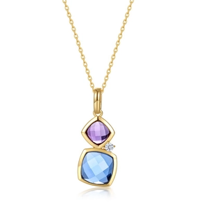 S925 silver necklace with geometric purple and blue square gemstone pendant on gold chain