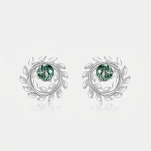 925 Sterling Silver Natural Moss Agate Stud Earrings Winding Olive Branch Leaf Wreath Green Gemstone Earrings For Women Jewelry