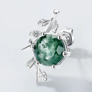 Detail view of silver olive branch stud earring with natural green moss agate stone