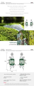 Macro detail of S925 silver earrings with green moss agate stones in vine design