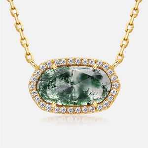 Elegante Halskette mit ovalem Moosachat-Anhänger aus S925-Silber mit Zirkonia-Heiligenschein