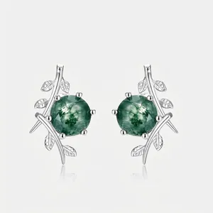 925 Sterling Silver Moss Agate Stud Earrings Natural Green Water Grass Stone Olive Branch Leaf Design Elegant Women Jewelry