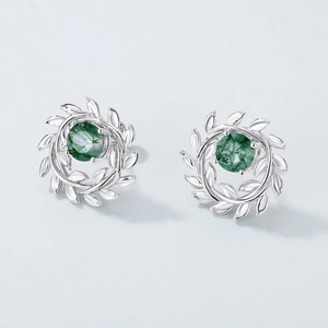 S925 silver olive branch earrings with round green moss agate stones in a wreath design