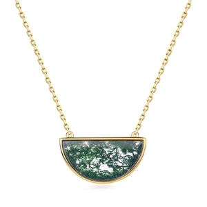 Semi-circular moss agate necklace with 18K gold plated S925 silver chain for women