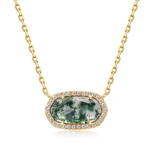 S925 Sterlingsilber Moosachat Anhänger Halskette Natürlicher Grüner Edelstein Oval Zirkonia Eingelegt Eleganter Schmuck Geschenk