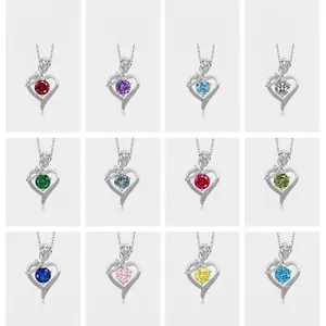 Collier Pendentif Cœur Rose en Argent Sterling 925 Femmes Douze Pierres de Naissance Zirconia Bijoux Élégants